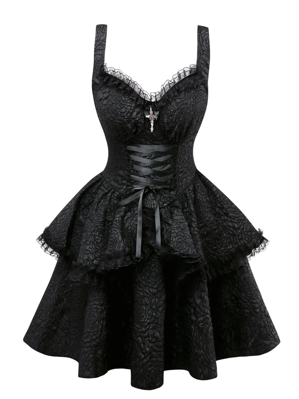 Black 1950s Gothic Lace Panel Bow Tie Lace-up Dress sold by Retro Stage product image thumbnail 4