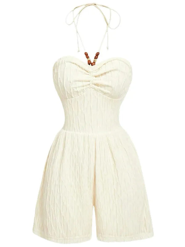 Beige 1940s Beaded Ruched Halter Waist Romper sold by Retro Stage
