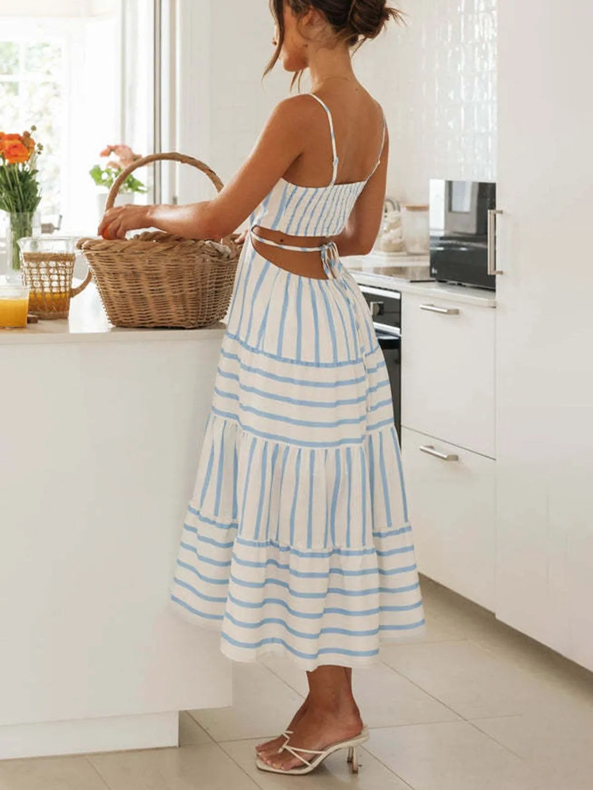 Blue 1940s Beach Striped Back Lace-Up Dress sold by Retro Stage product image thumbnail 3