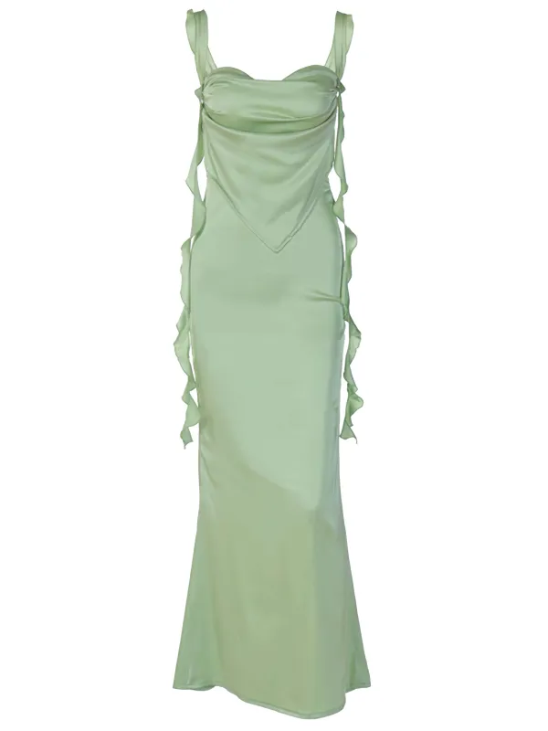 1970s Solid Satin Ruffle Backless Ruched Dress sold by Retro Stage