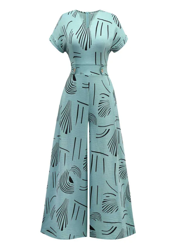 1970s V-Neck Abstract Line Wide-Leg Jumpsuit sold by Retro Stage