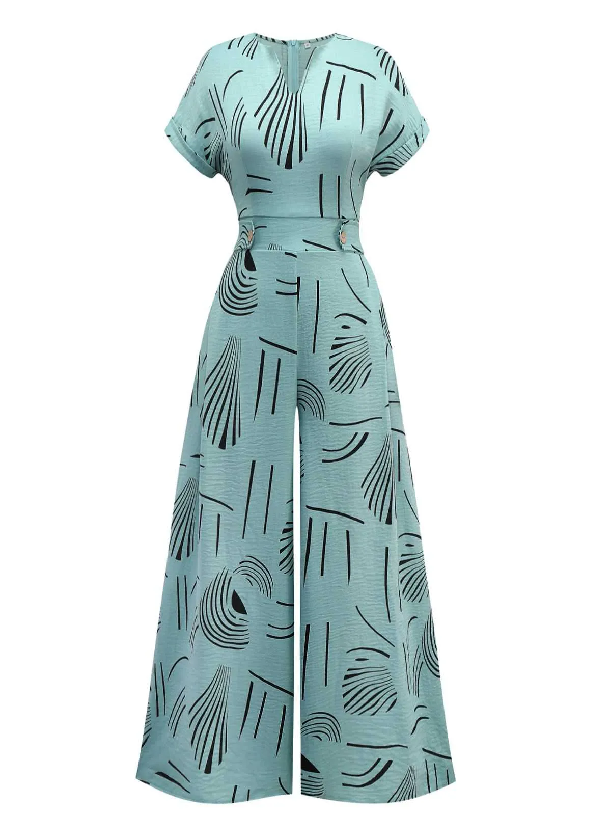 1970s V-Neck Abstract Line Wide-Leg Jumpsuit sold by Retro Stage