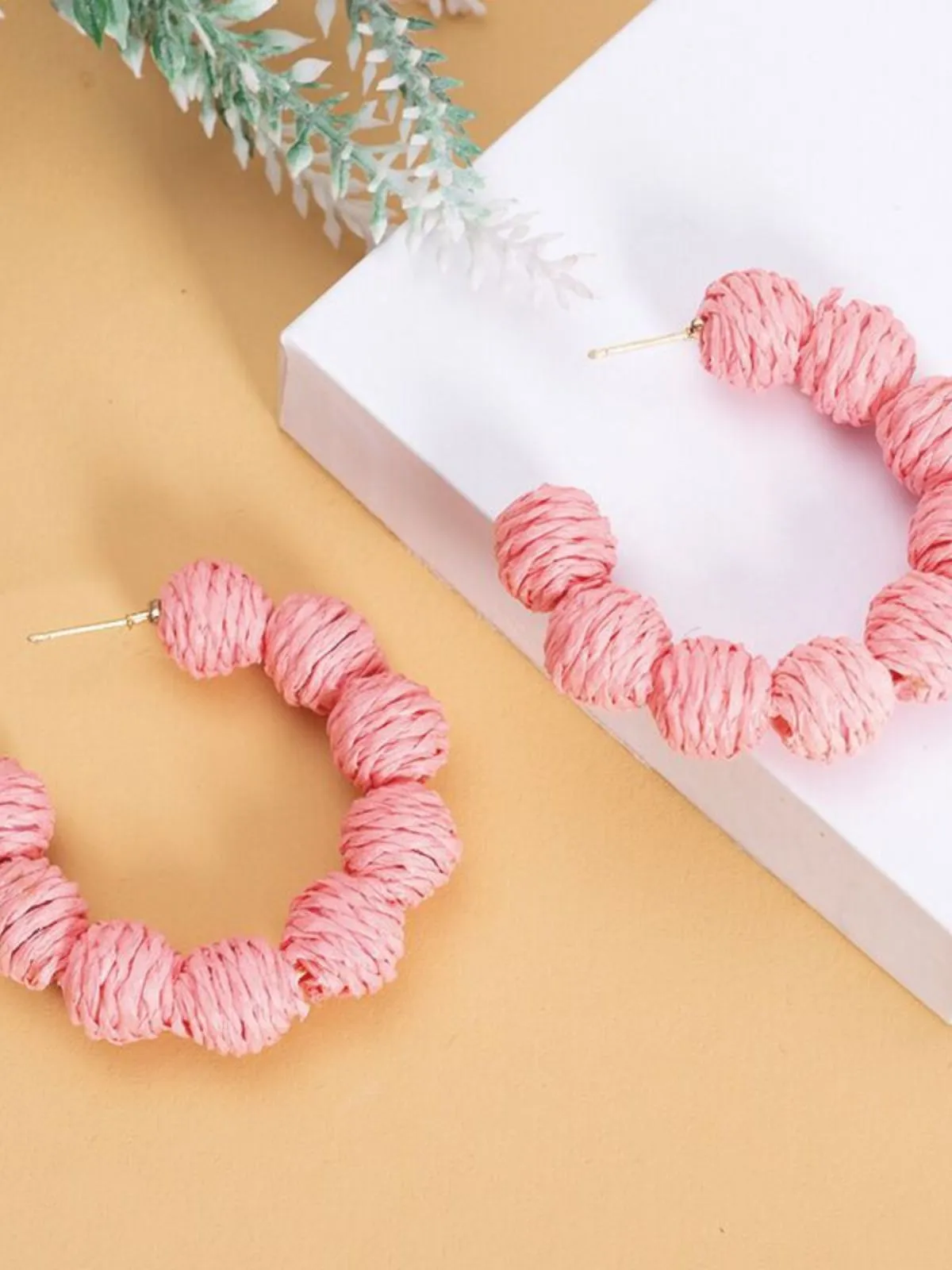 Chunky Braided Raffia Ball C-Hoop Earrings sold by Retro Stage