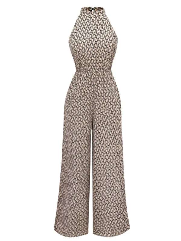 Beige 1930s Geometric Pattern Halter Sleeveless Jumpsuit sold by Retro Stage