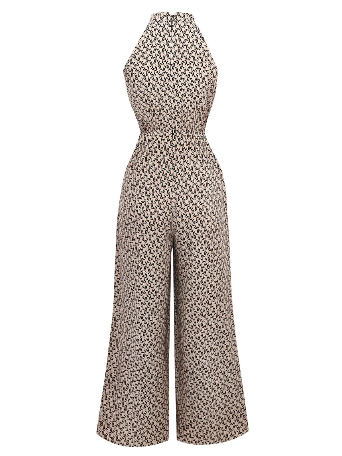 Beige 1930s Geometric Pattern Halter Sleeveless Jumpsuit sold by Retro Stage product image thumbnail 2