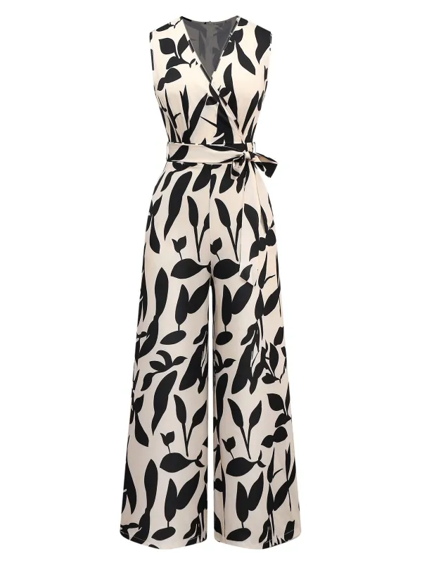 Beige 1930s Surplice Leaves Silhouette Jumpsuit sold by Retro Stage