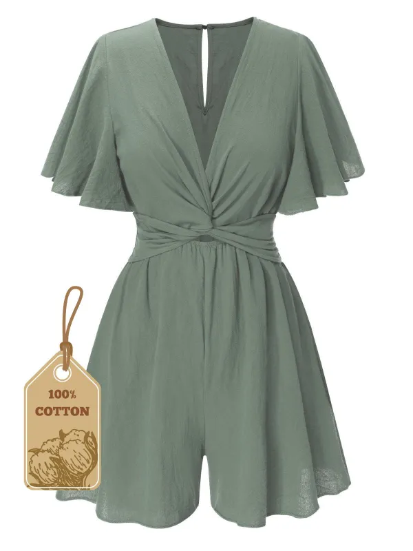 1950s Solid V-Neck Cotton Flounce Sleeve Romper sold by Retro Stage