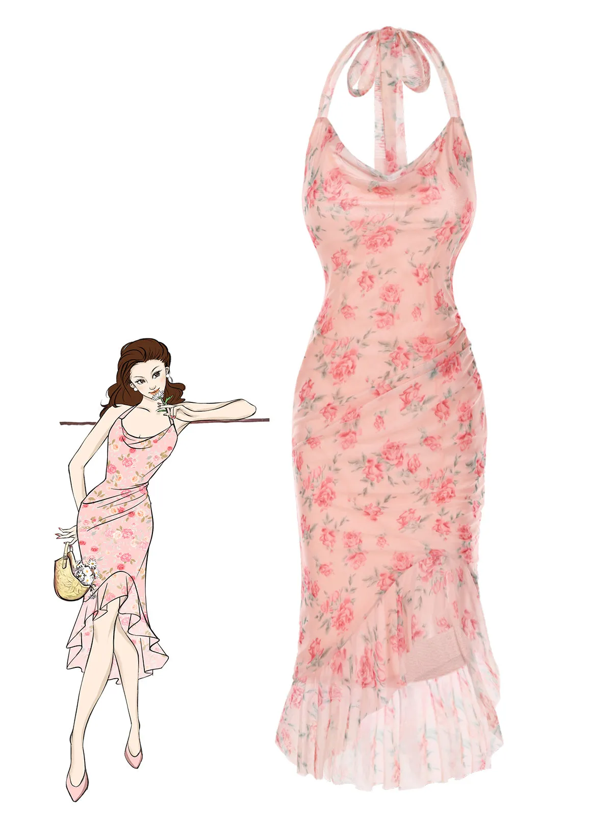 Pink 1930s Rose Silk Mesh Mermaid Dress sold by Retro Stage product image thumbnail 2