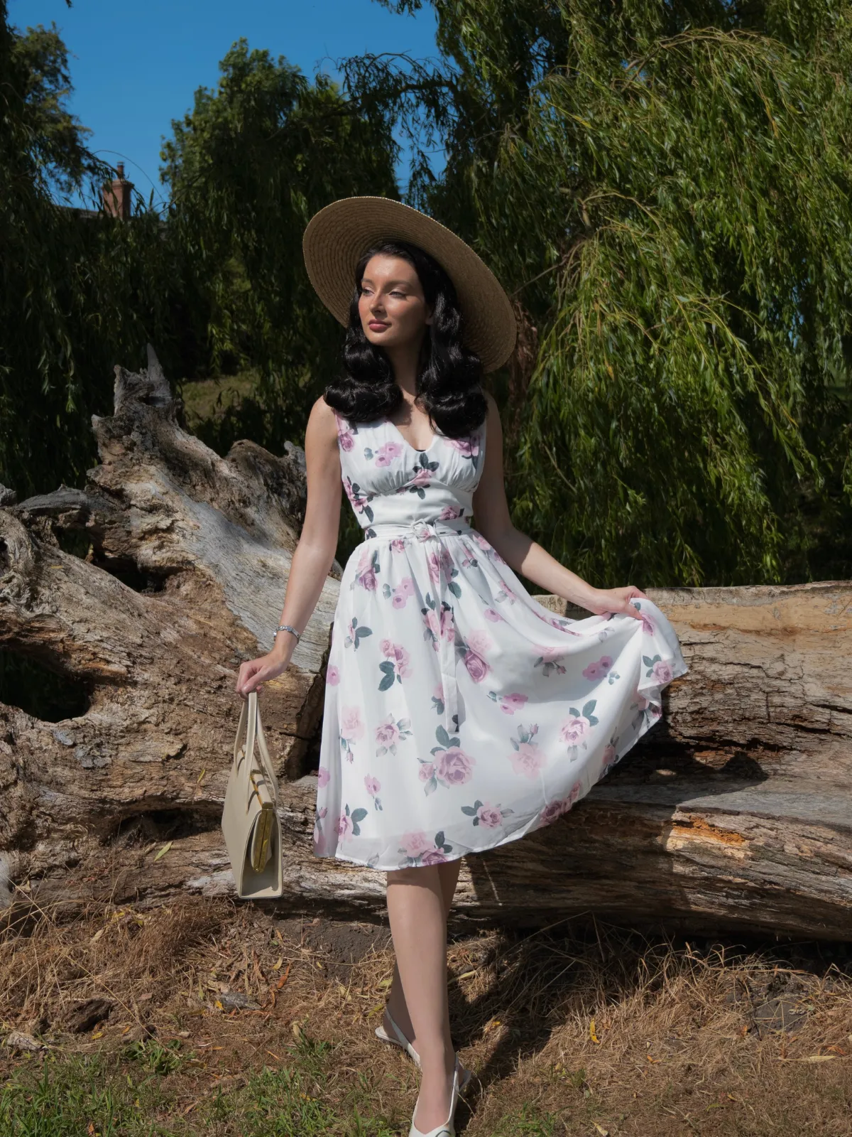 Pink 1940s Deep V-Neck Chiffon Rose Dress sold by Retro Stage