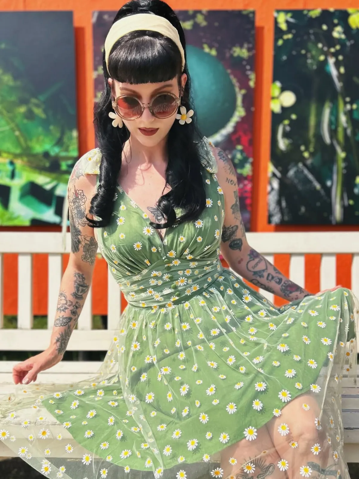 Green 1950s Daisy Mesh Swing Dress sold by Retro Stage