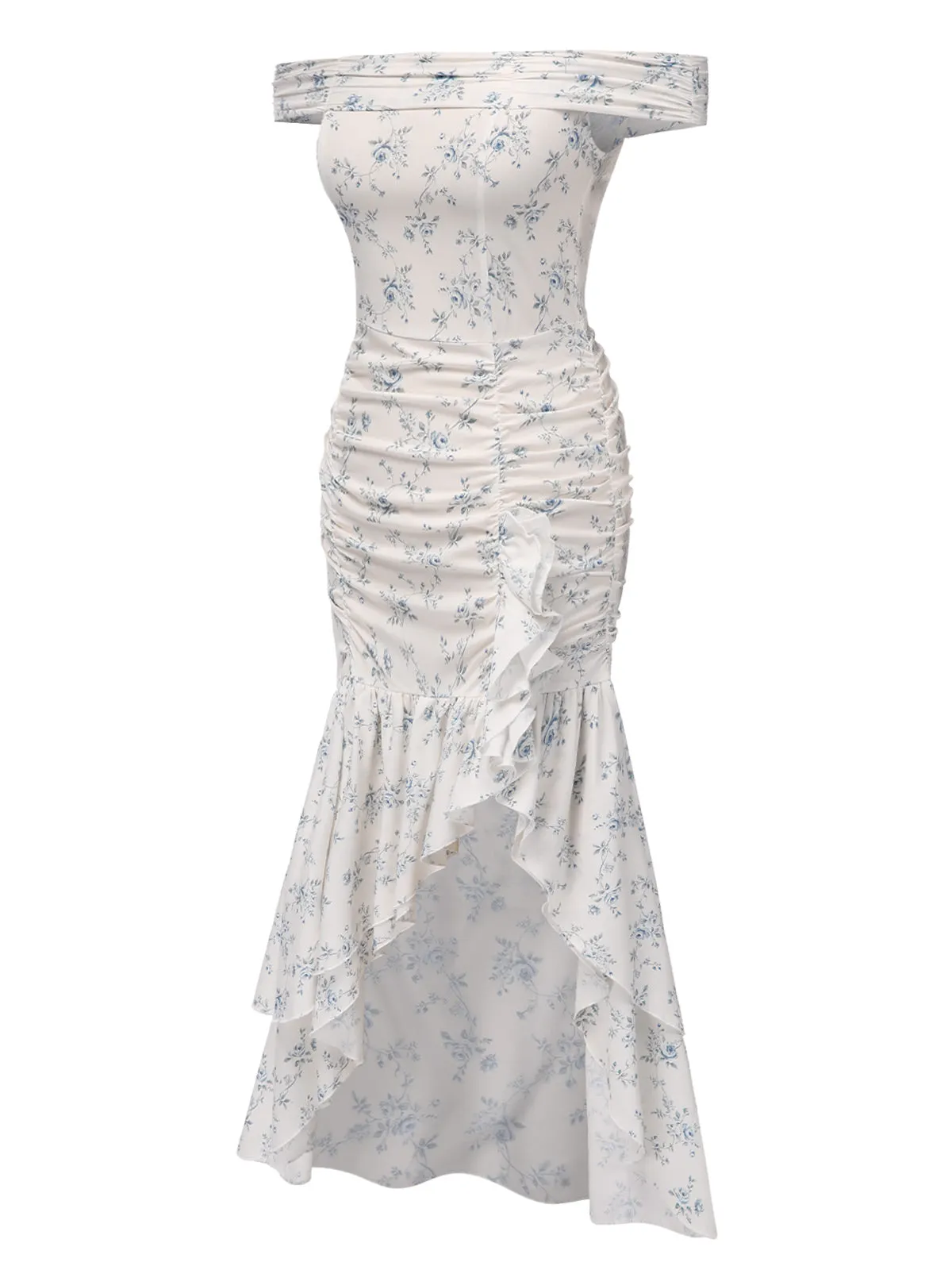 Blue 1930s Off-Shoulder Floral Ruffles Hem Dress sold by Retro Stage product image thumbnail 4