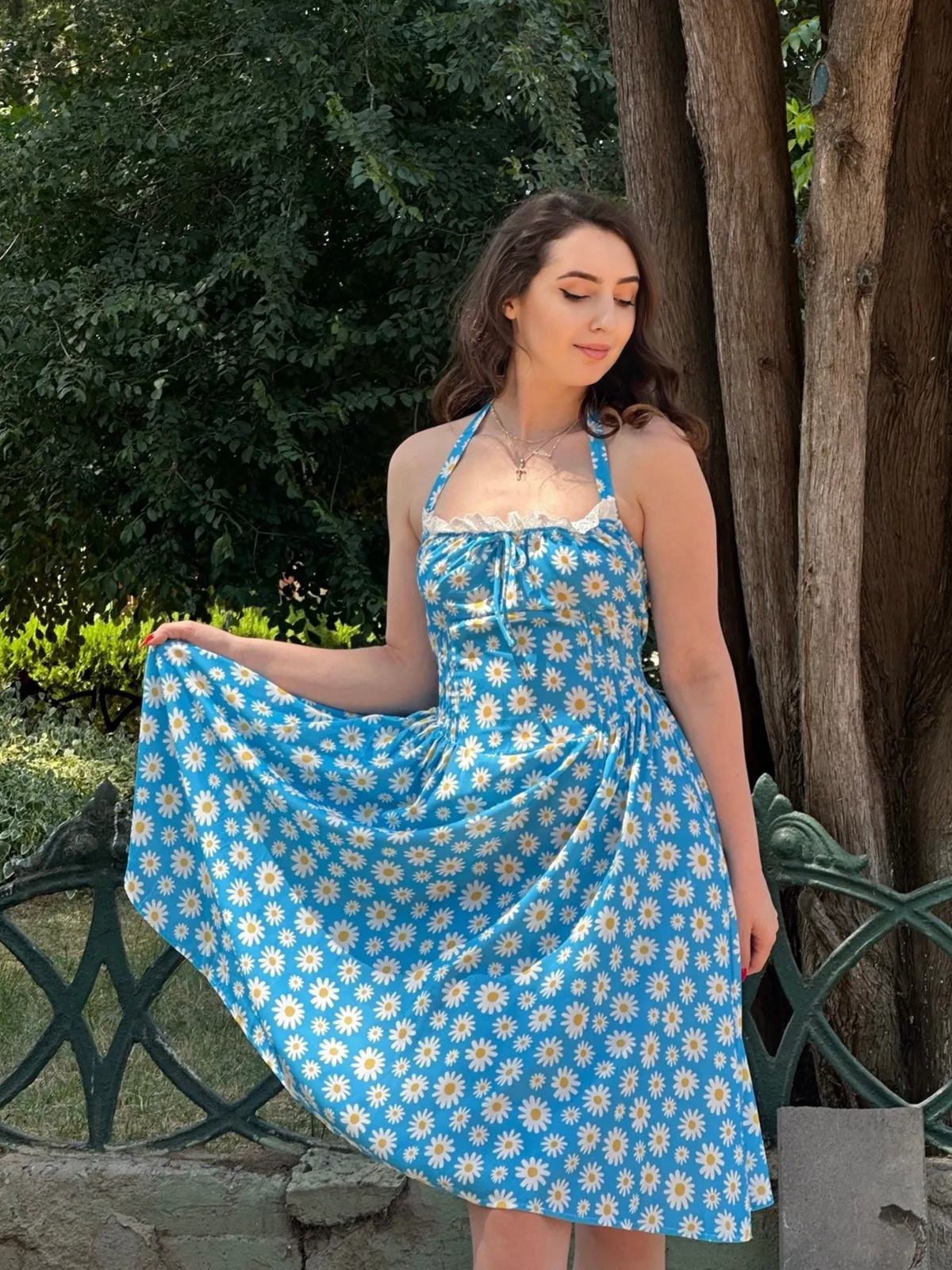 Blue 1950s Halter Lace Daisy Dress sold by Retro Stage