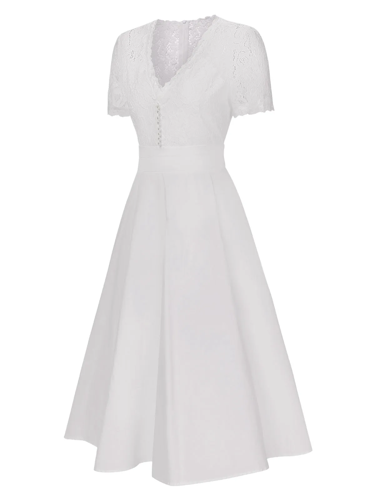 White 1940s V-Neck Lace Patchwork Dress sold by Retro Stage product image thumbnail 3