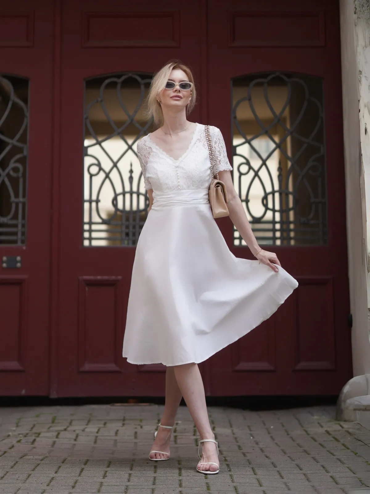 White 1940s V-Neck Lace Patchwork Dress sold by Retro Stage