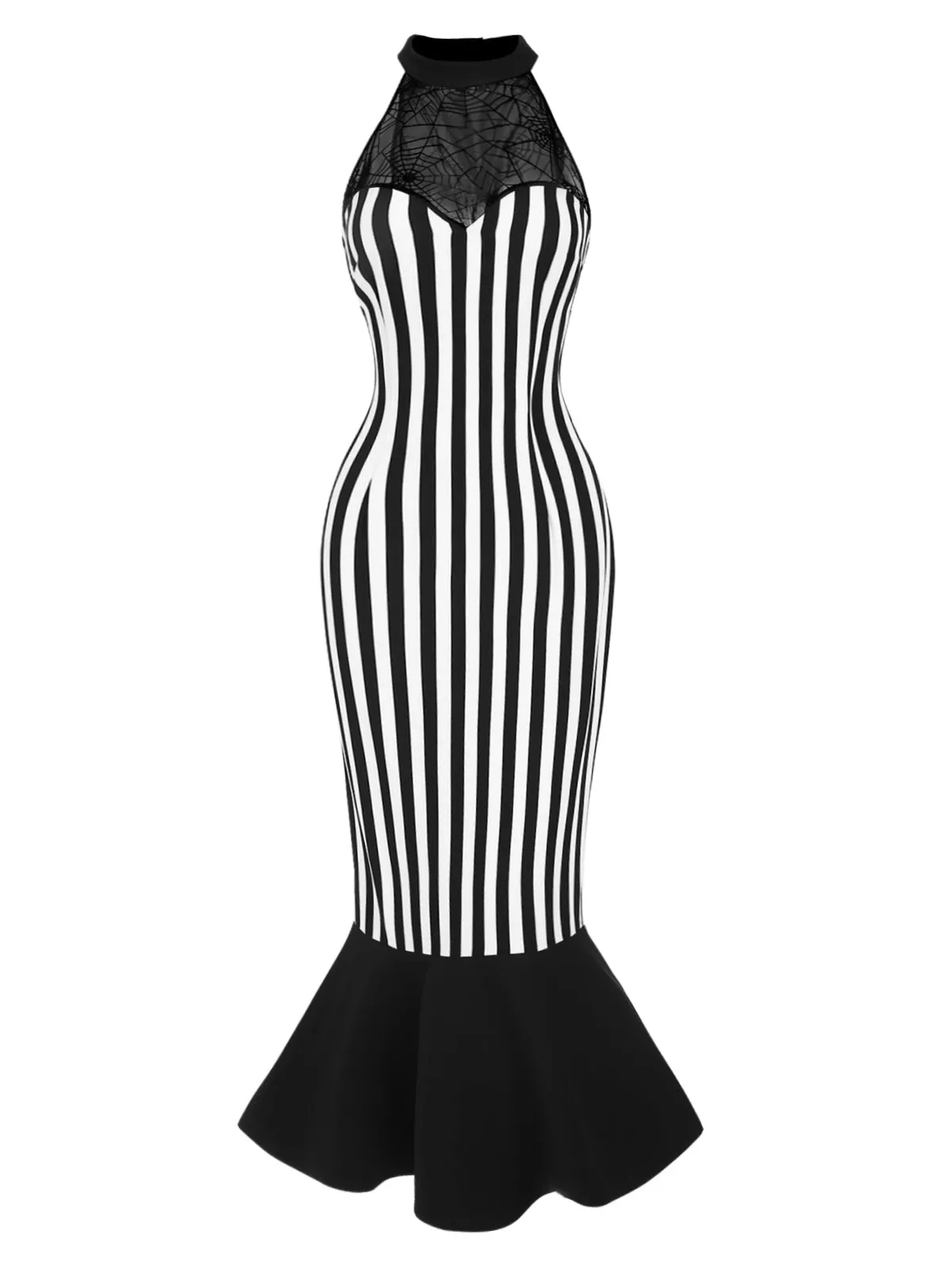 Black 1930s Spiderweb Mesh Stripe Fishtail Dress sold by Retro Stage product image thumbnail 3