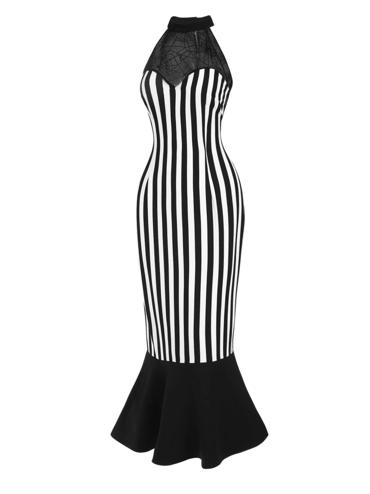 Black 1930s Spiderweb Mesh Stripe Fishtail Dress sold by Retro Stage product image thumbnail 4
