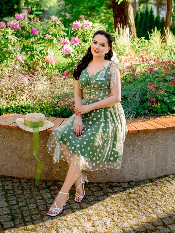 Green 1950s Daisy Mesh Swing Dress sold by Retro Stage