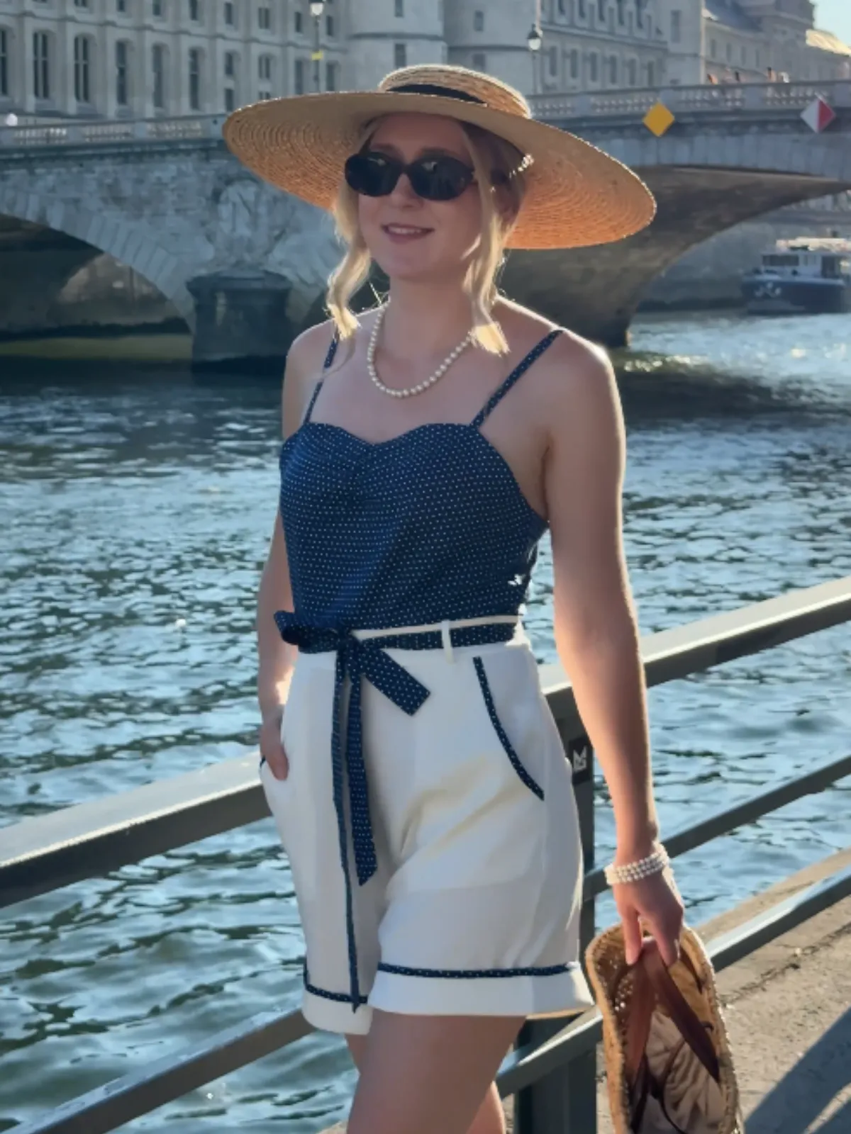 Blue 1940s Polka Dot Patchwork Suspender Romper sold by Retro Stage