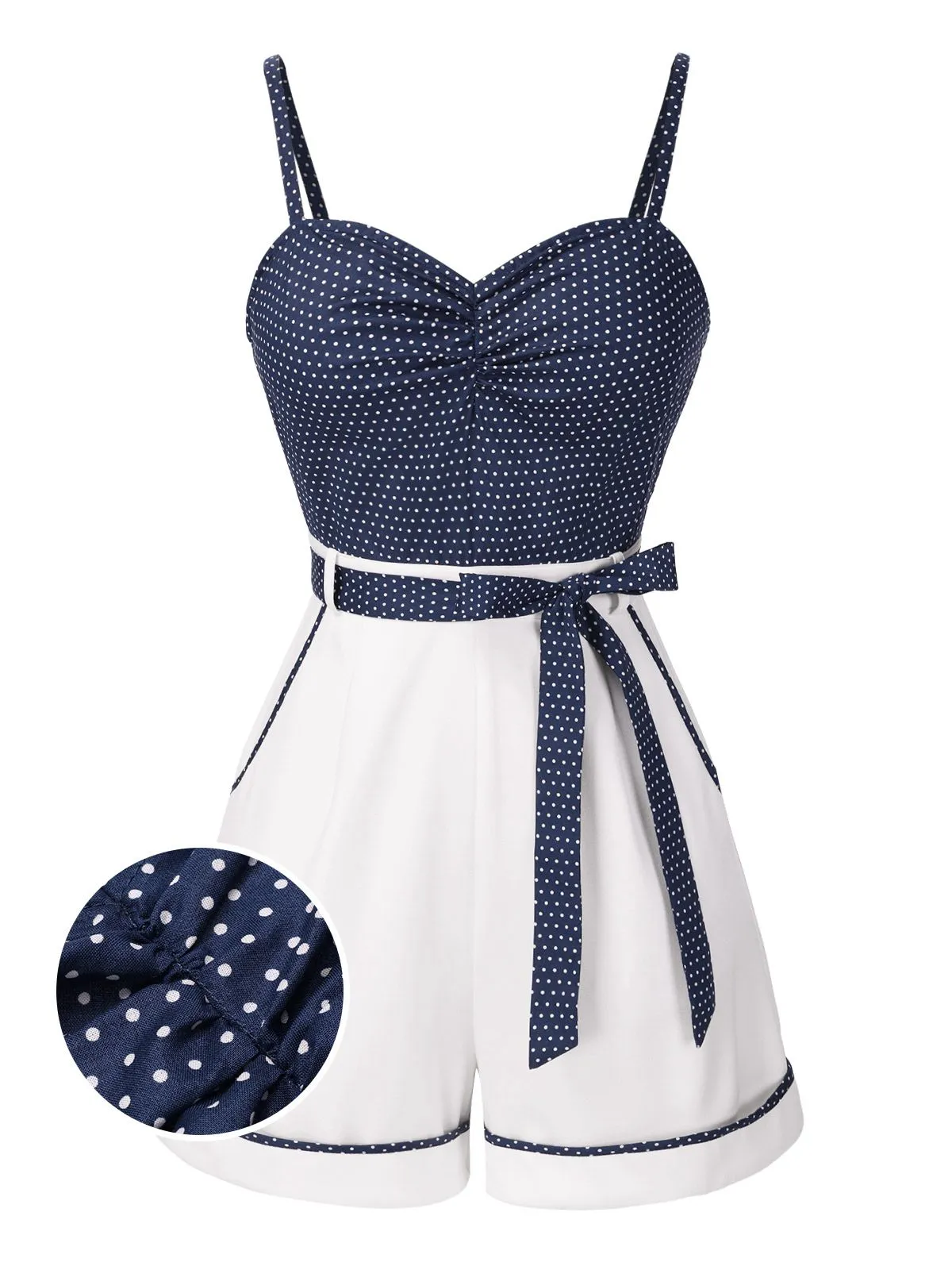 Blue 1940s Polka Dot Patchwork Suspender Romper sold by Retro Stage product image thumbnail 4