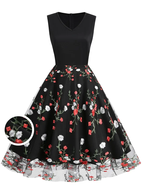 Black 1950s Floral Embroidered Patchwork Dress sold by Retro Stage