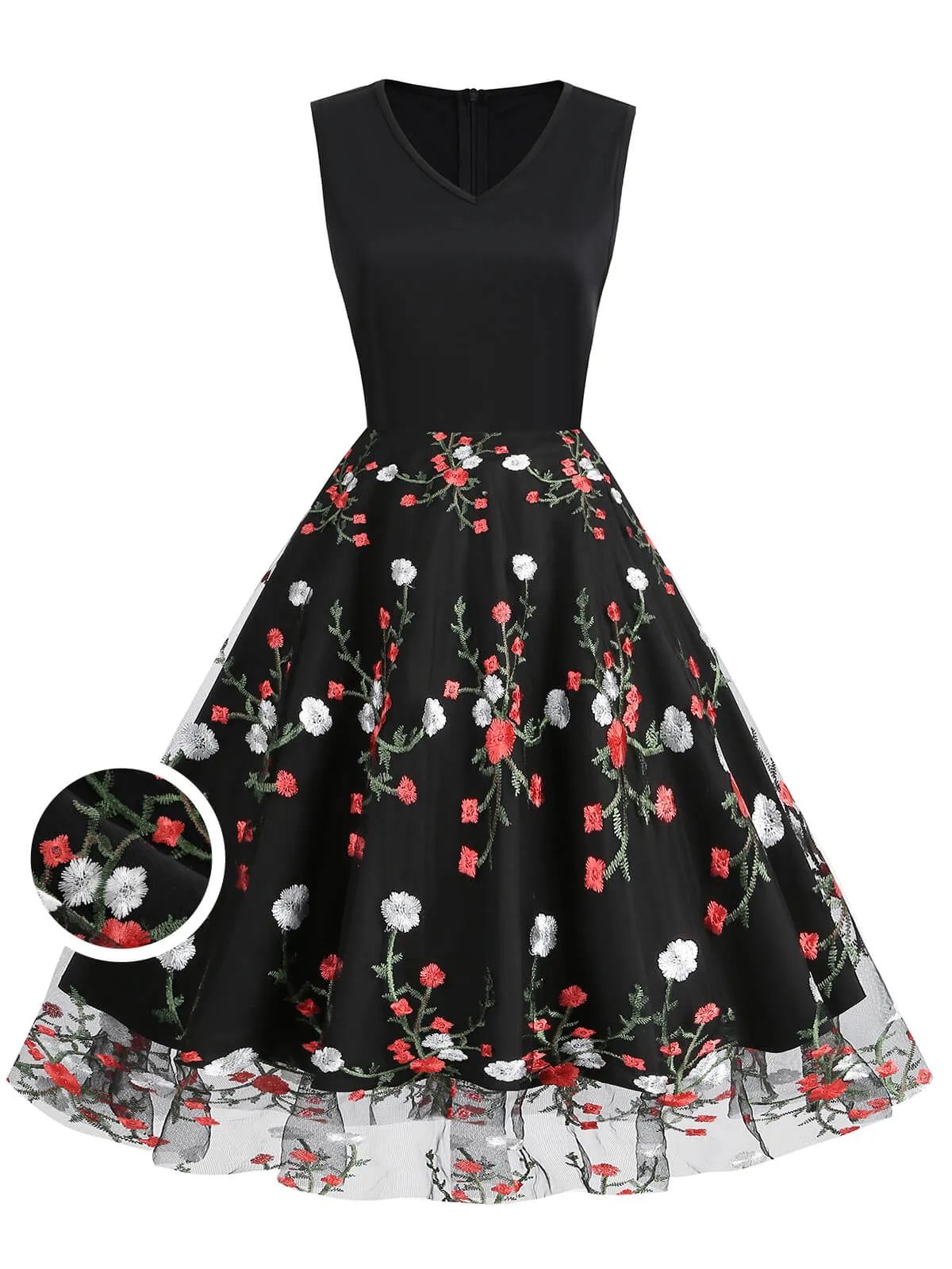 Black 1950s Floral Embroidered Patchwork Dress sold by Retro Stage