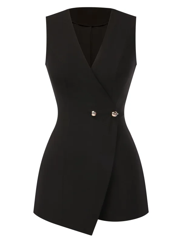 Black 1950s Surplice V-Neck Sleeveless Romper sold by Retro Stage