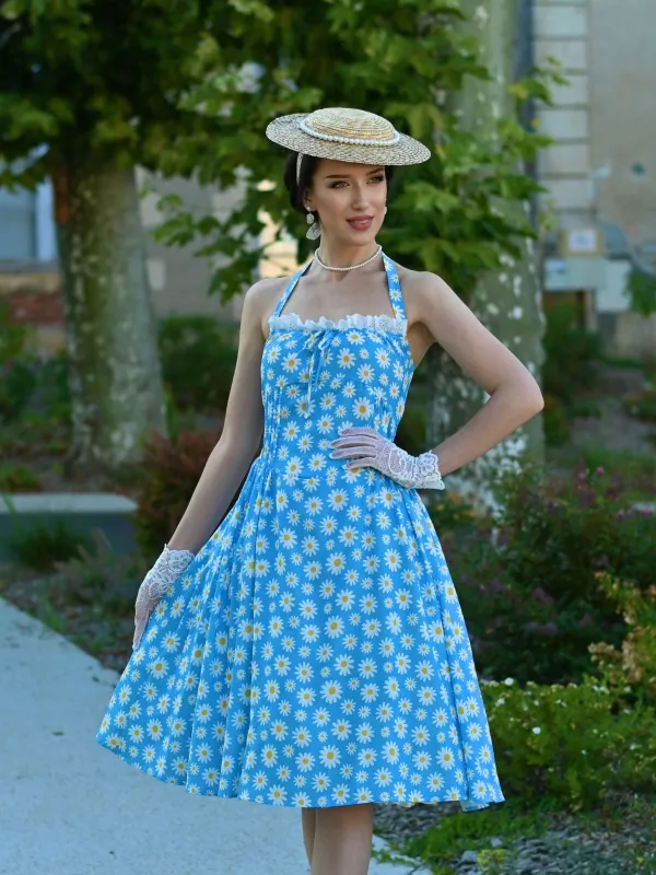 Blue 1950s Halter Lace Daisy Dress sold by Retro Stage