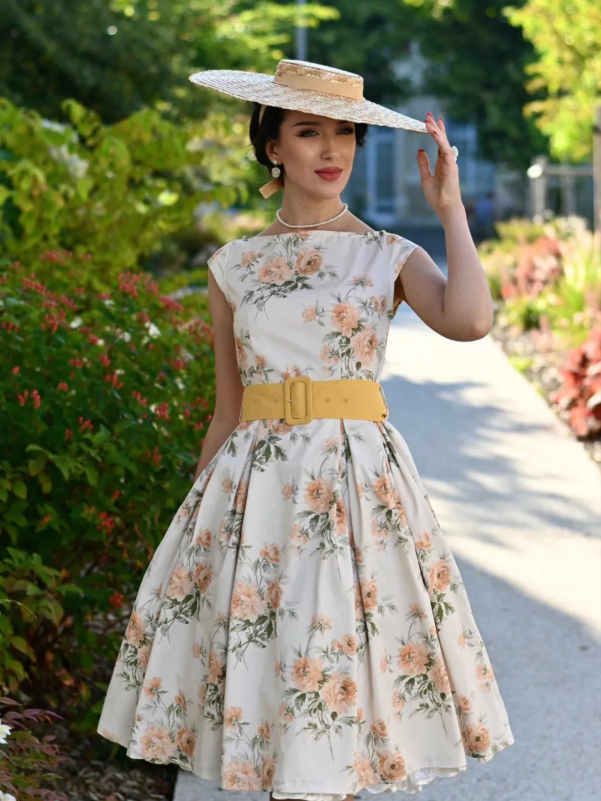 Yellow 1950s Boat Neck Antique Floral Dress sold by Retro Stage