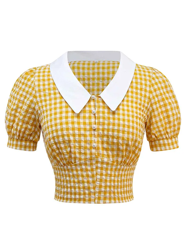 Yellow 1950s Gingham Plaid Lapel Pearl Button Top sold by Retro Stage