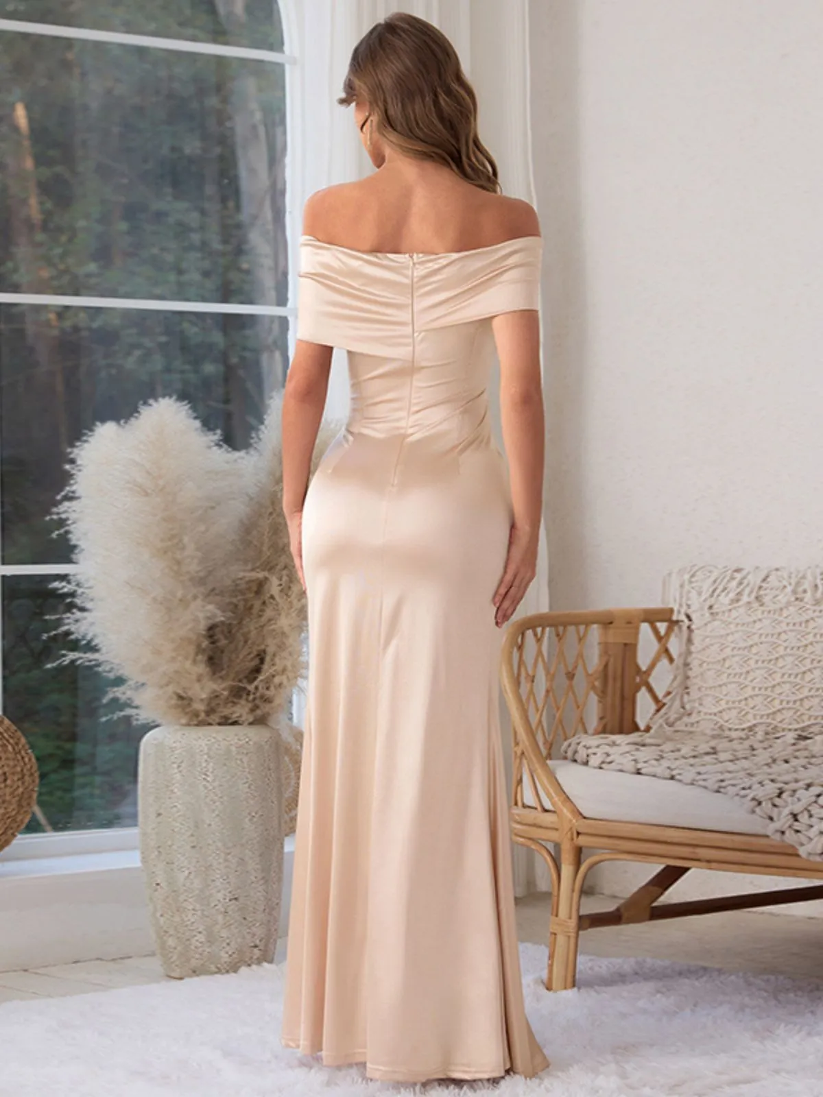 Champagne 1930s Off Shoulder Slit Satin Dress sold by Retro Stage product image thumbnail 3