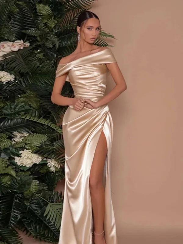 Champagne 1930s Off Shoulder Slit Satin Dress sold by Retro Stage