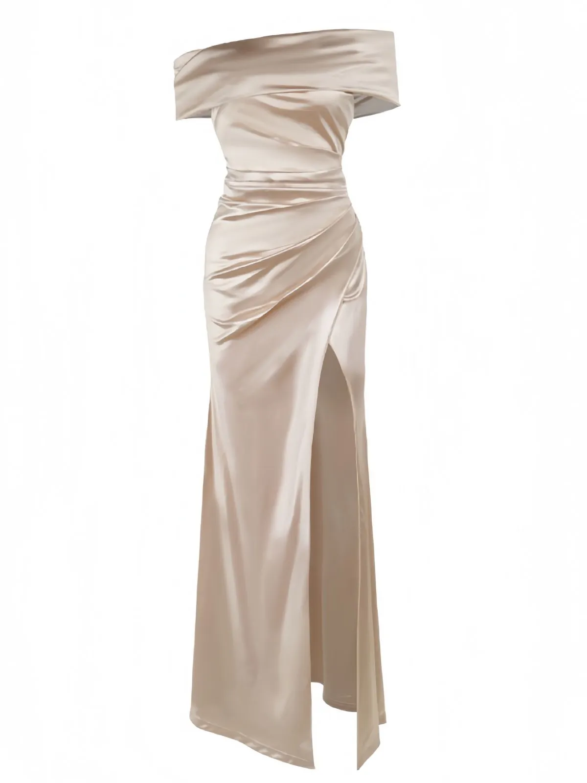 Champagne 1930s Off Shoulder Slit Satin Dress sold by Retro Stage product image thumbnail 4