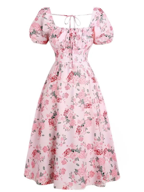 [Plus Size] Pink 1950s Square Neck Floral Dress sold by Retro Stage