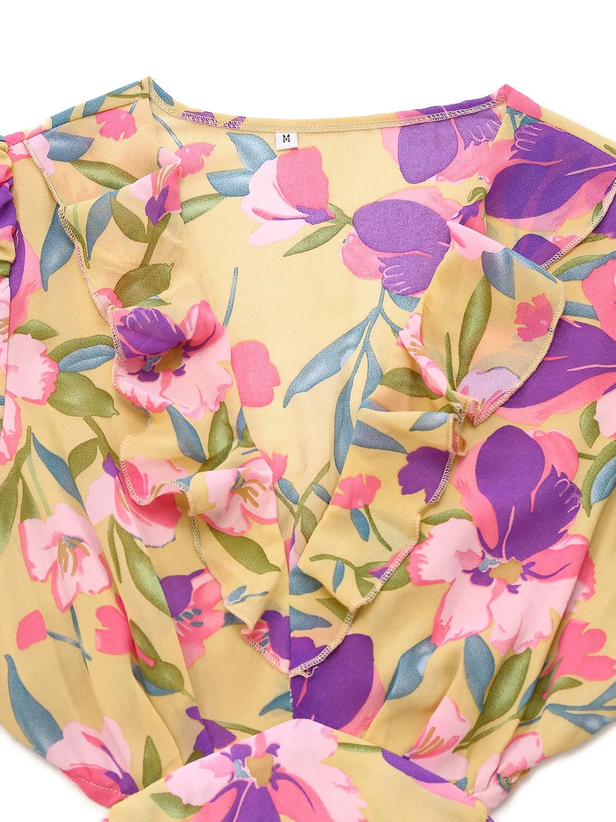 Yellow 1930s Floral Ruffled Deep V-Neck Cutout Dress sold by Retro Stage product image thumbnail 3