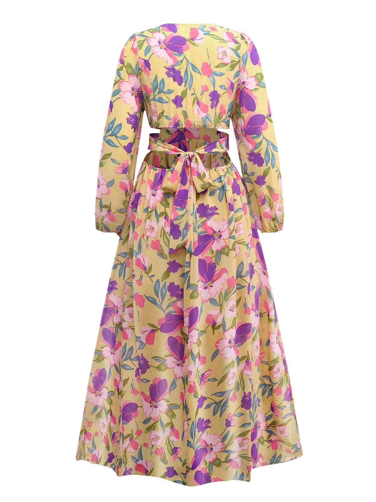 Yellow 1930s Floral Ruffled Deep V-Neck Cutout Dress sold by Retro Stage product image thumbnail 2