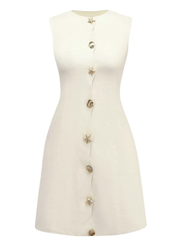Beige 1960s Starfish Shell Buttons Sleeveless Dress sold by Retro Stage