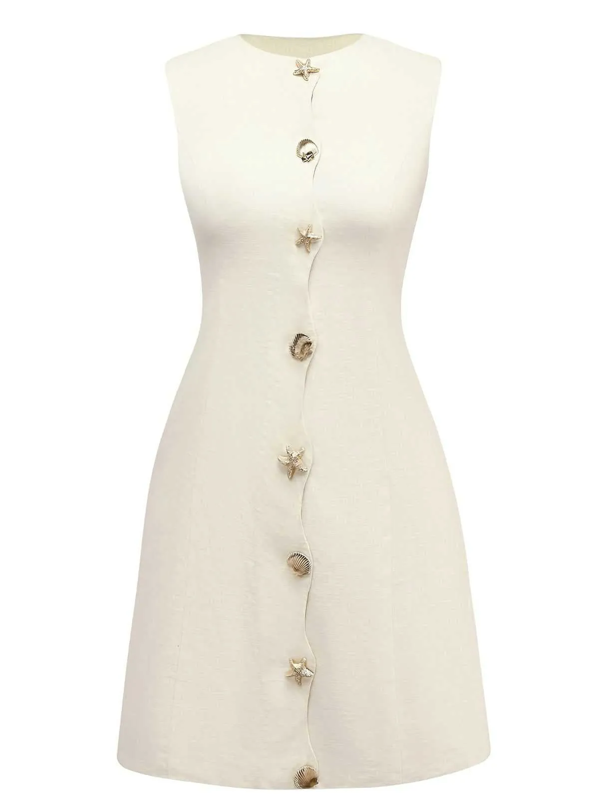 Beige 1960s Starfish Shell Buttons Sleeveless Dress sold by Retro Stage