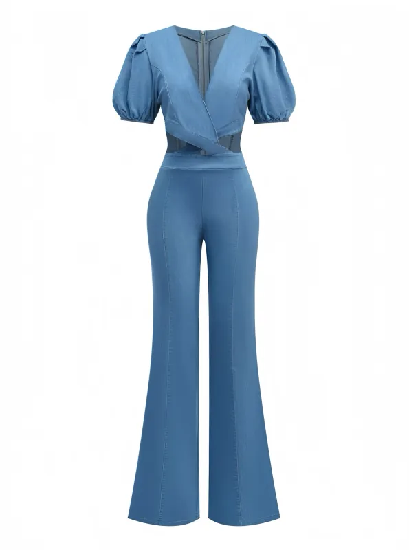 Blue 1970s Denim Puff Sleeve Cut-out Jumpsuit sold by Retro Stage