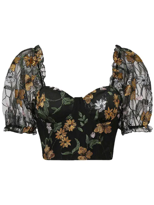1960s Floral Embroidered Mesh Puff-Sleeve Crop Top sold by Retro Stage