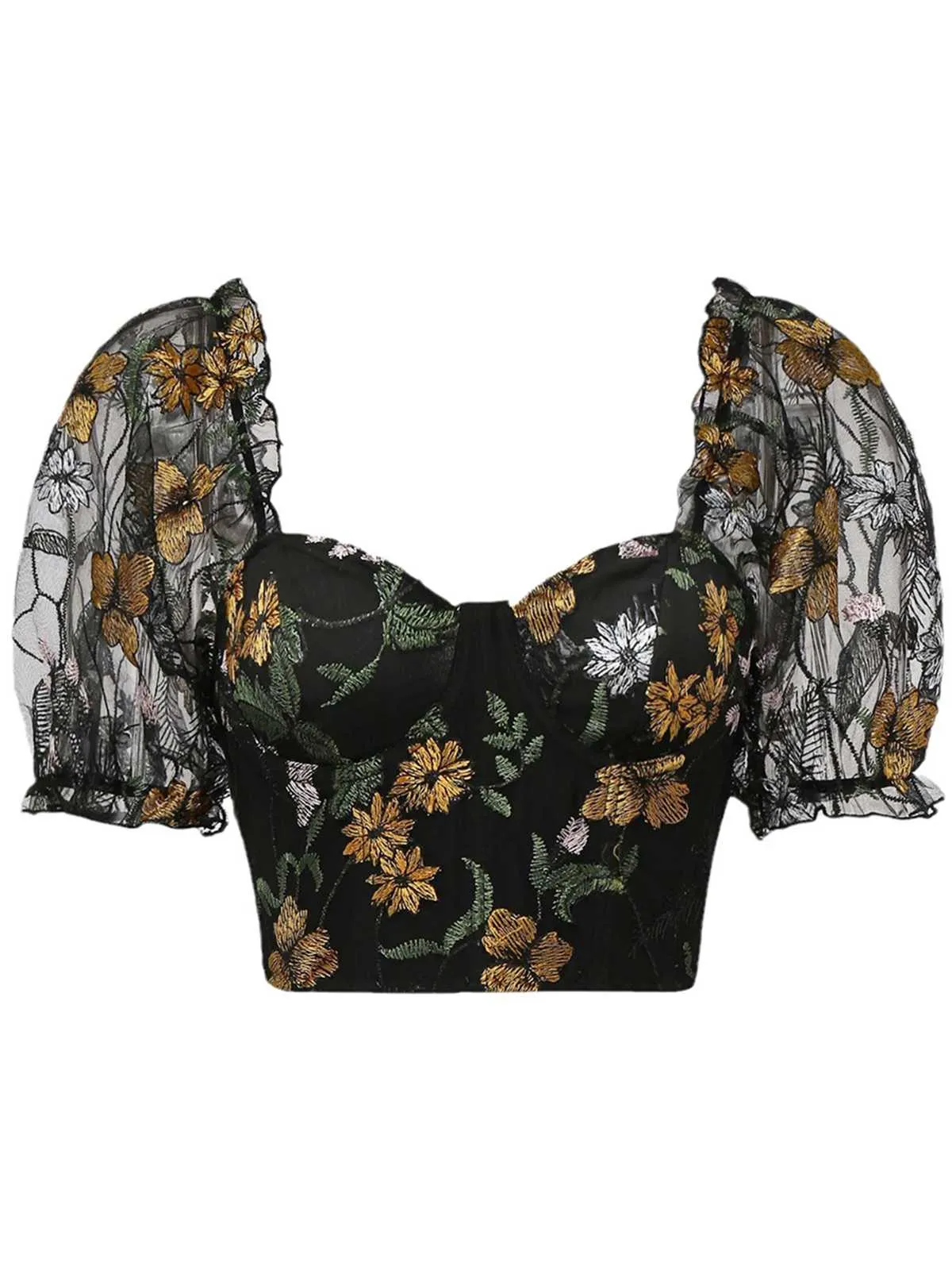 1960s Floral Embroidered Mesh Puff-Sleeve Crop Top sold by Retro Stage