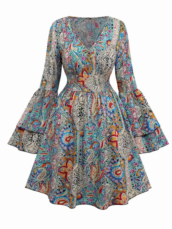Multicolor 1970s Bohemian Paisley Floral Bell Sleeve Dress sold by Retro Stage