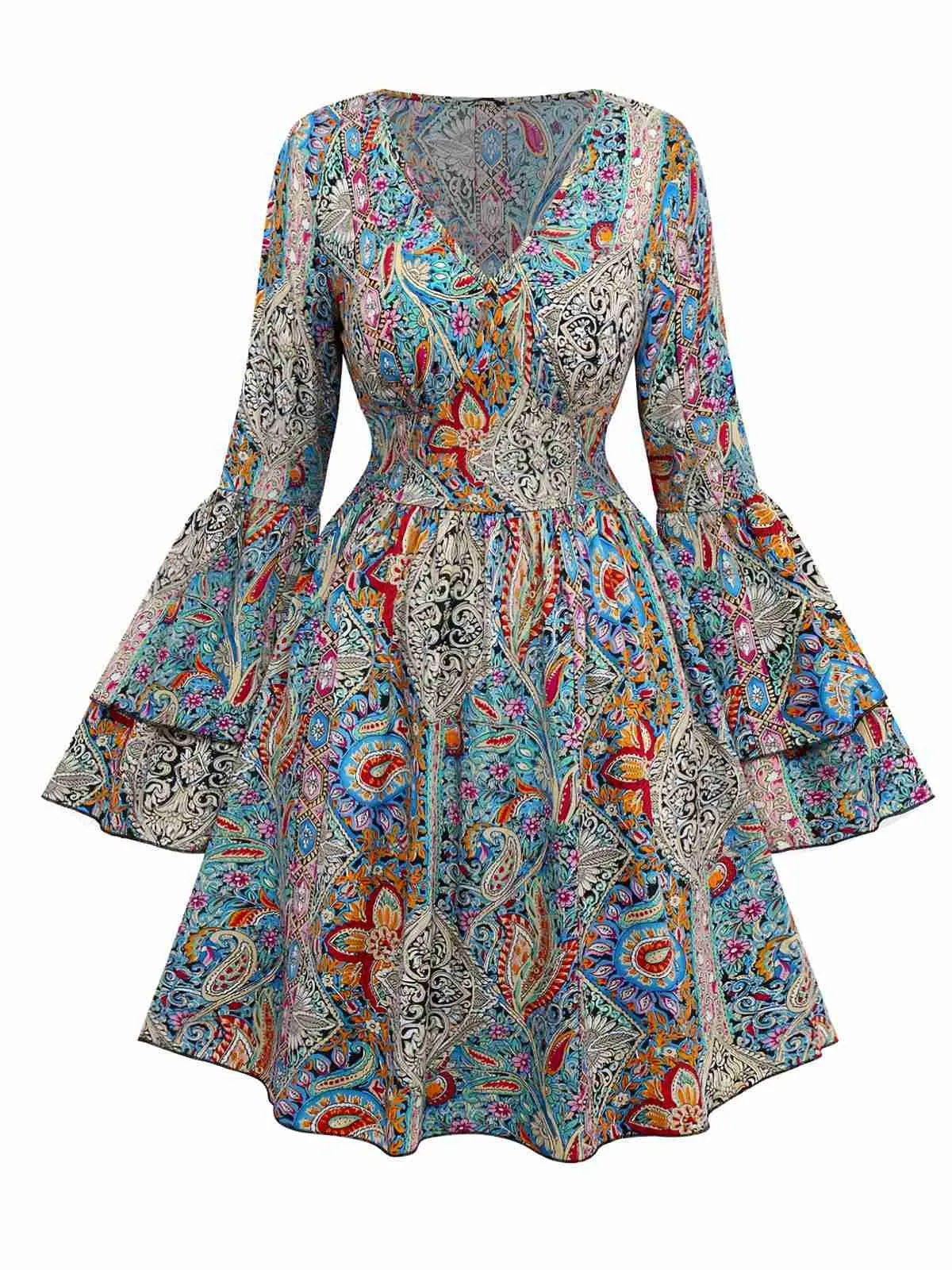 Multicolor 1970s Bohemian Paisley Floral Bell Sleeve Dress sold by Retro Stage