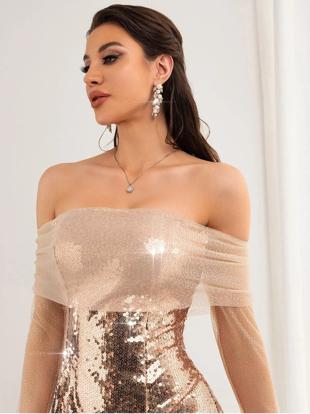 Champagne 1980s Off-Shoulder Mesh Sequin Dress sold by Retro Stage product image thumbnail 4