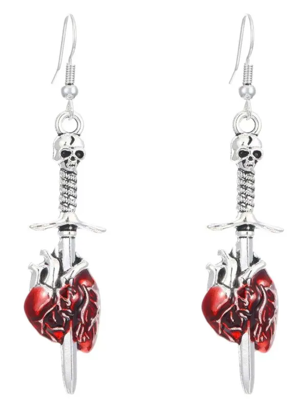 Vintage Halloween Skull Sword Heart Earrings sold by Retro Stage
