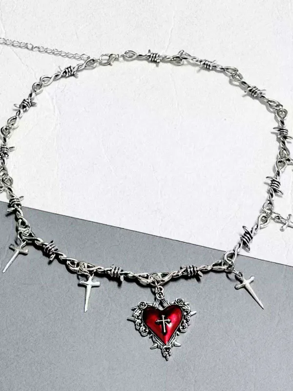 Vintage Wine Red Heart Cross Necklace sold by Retro Stage