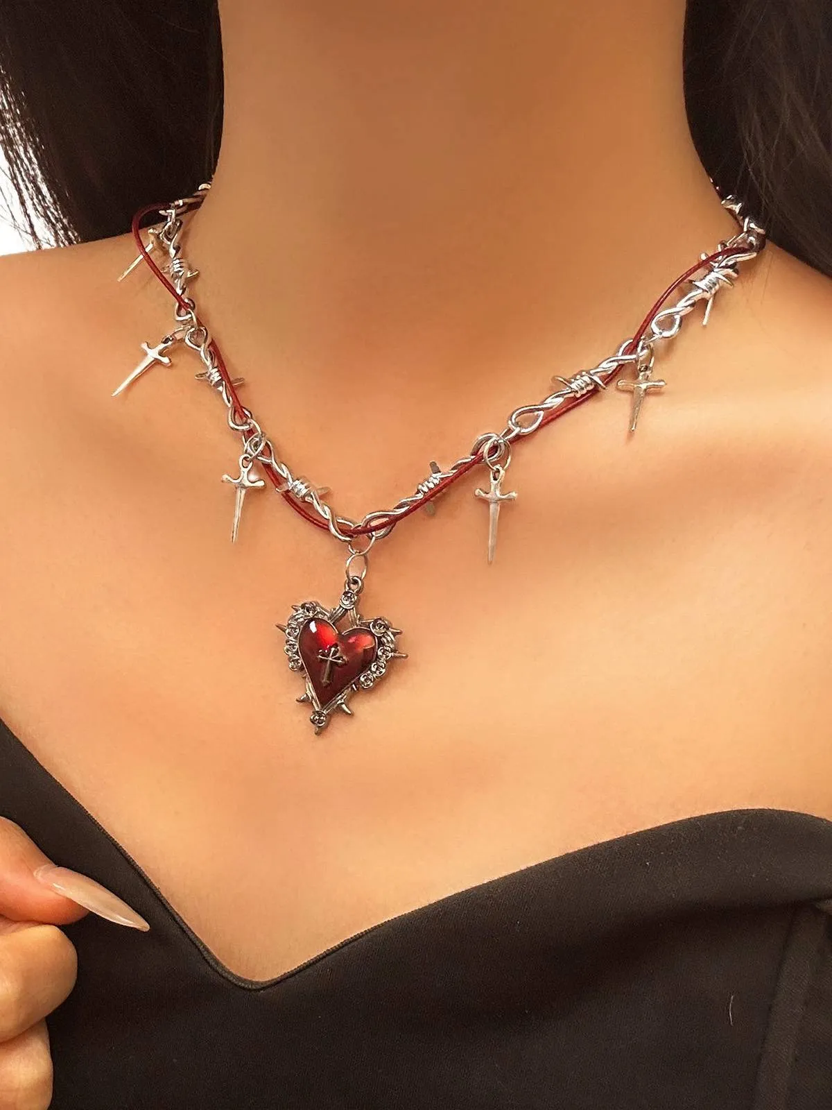 Vintage Wine Red Heart Cross Necklace sold by Retro Stage product image thumbnail 3