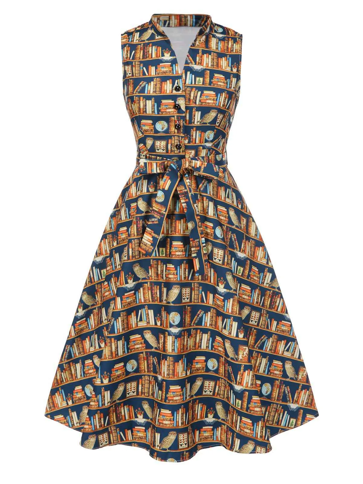 1950s Owl Bookshelf Print Stand Collar Dress sold by Retro Stage product image thumbnail 2