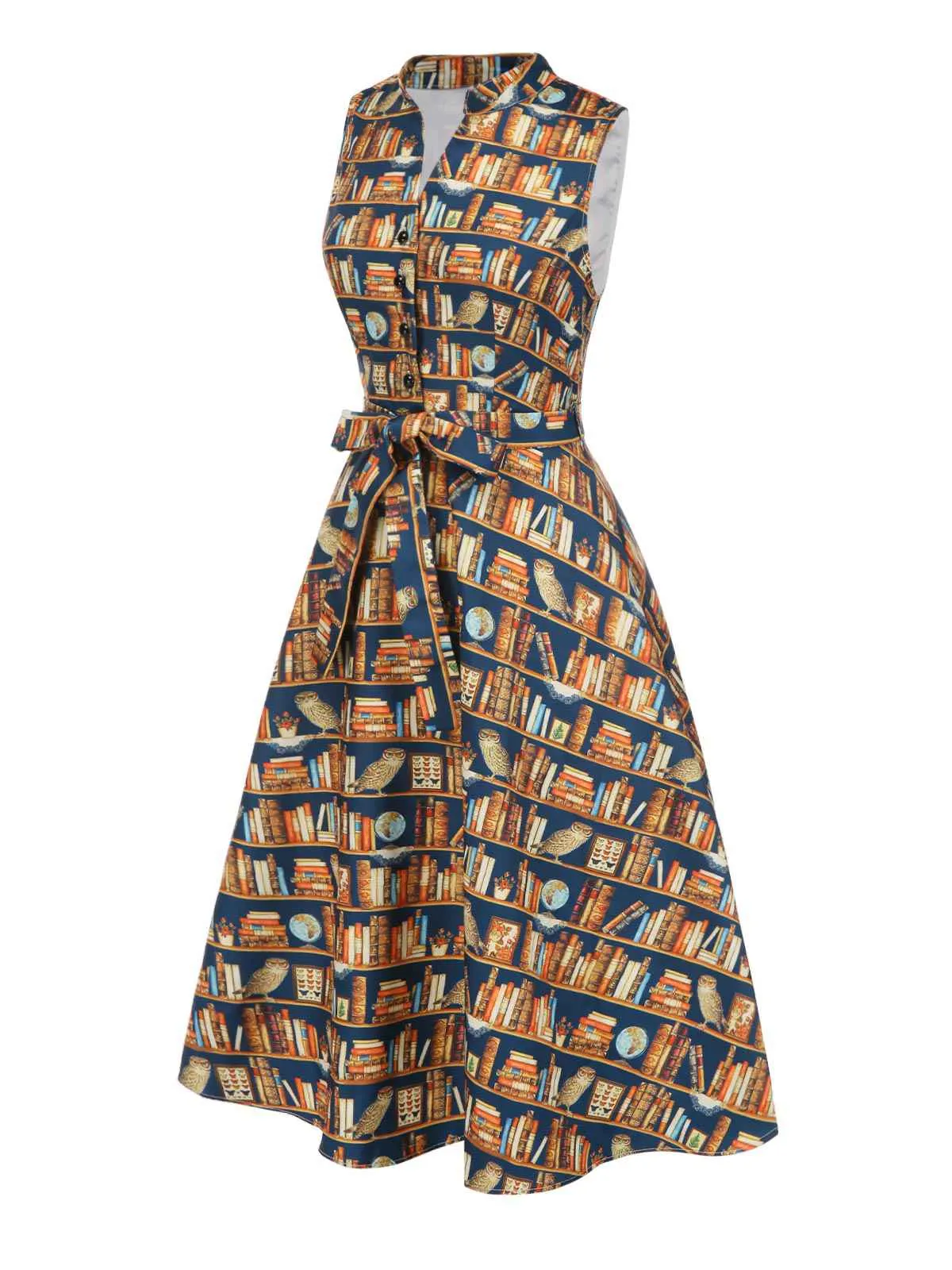 1950s Owl Bookshelf Print Stand Collar Dress sold by Retro Stage product image thumbnail 3
