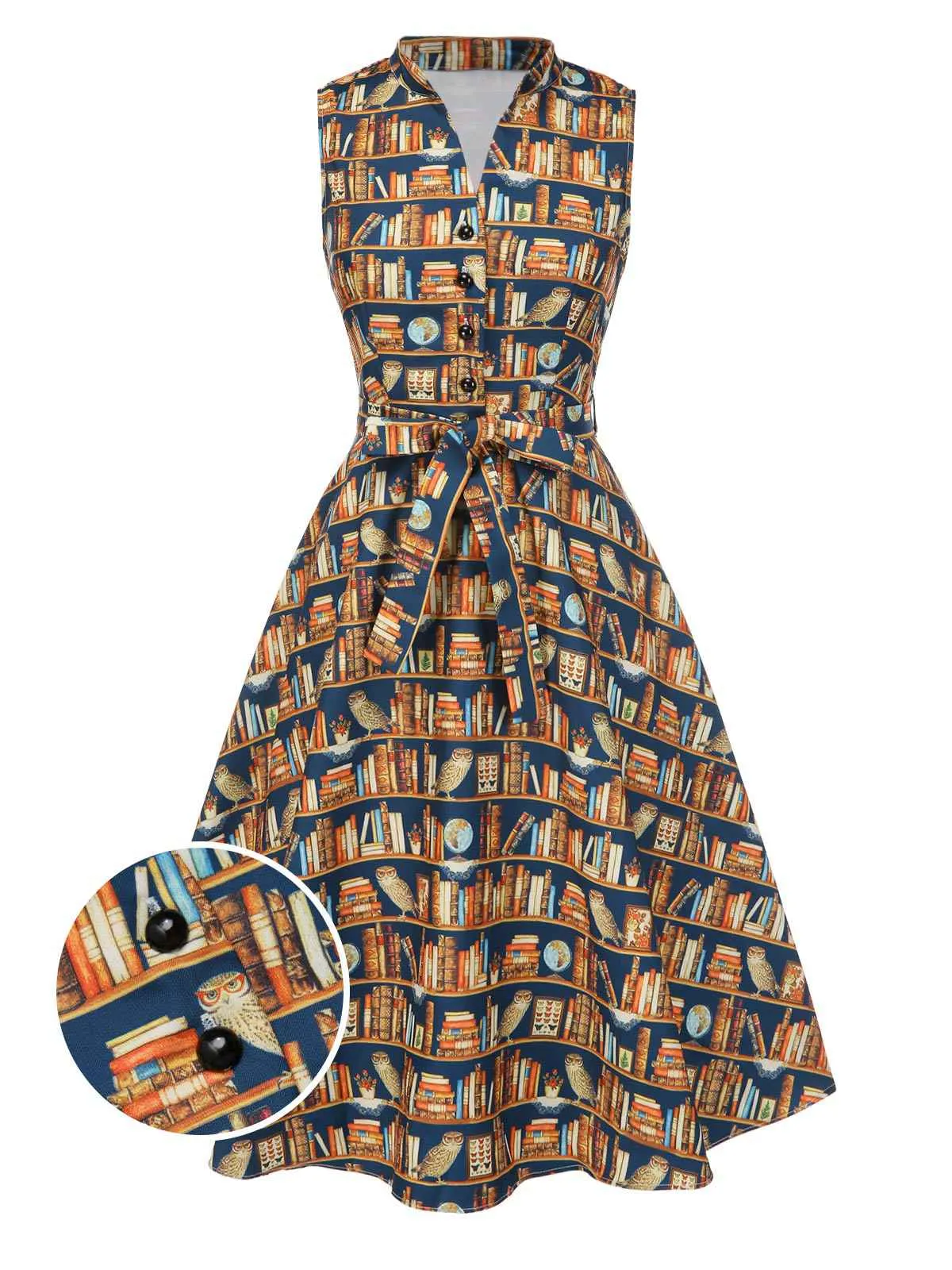1950s Owl Bookshelf Print Stand Collar Dress sold by Retro Stage