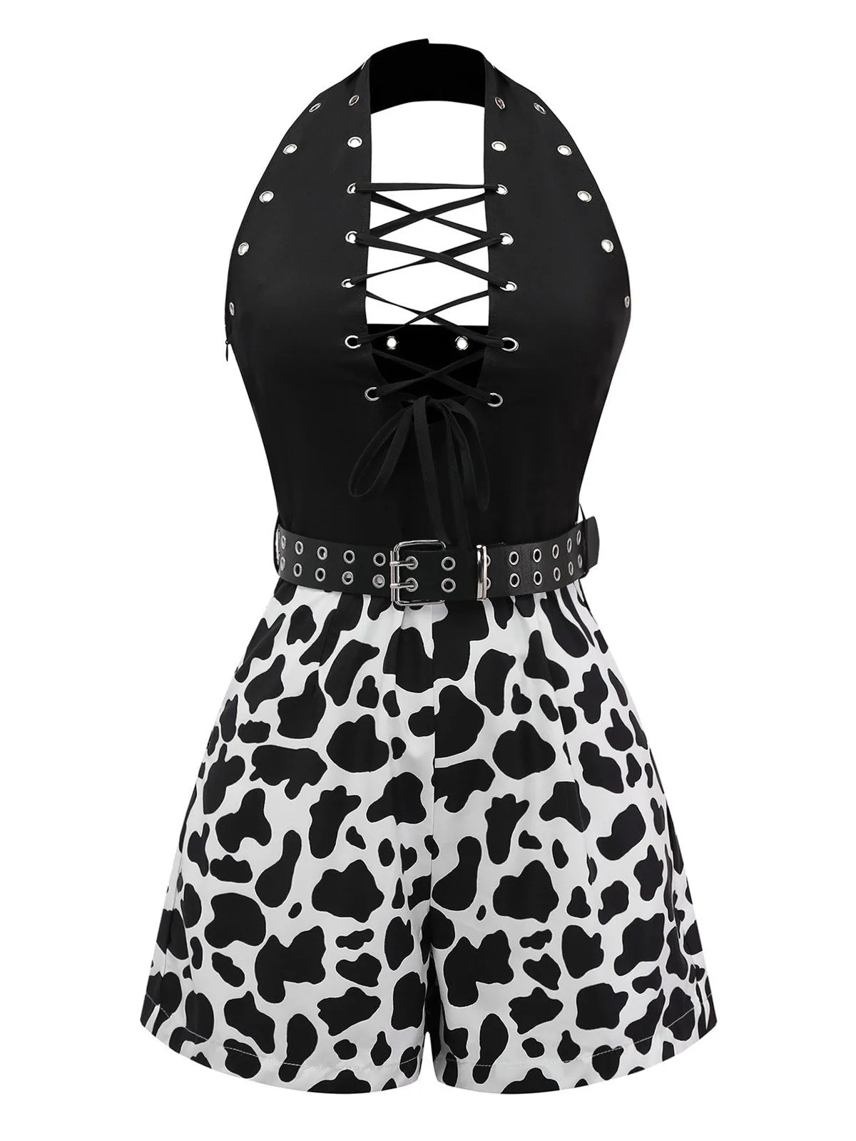 Black 1980s Punk Halter Hollow Cow Pattern Romper sold by Retro Stage product image thumbnail 2